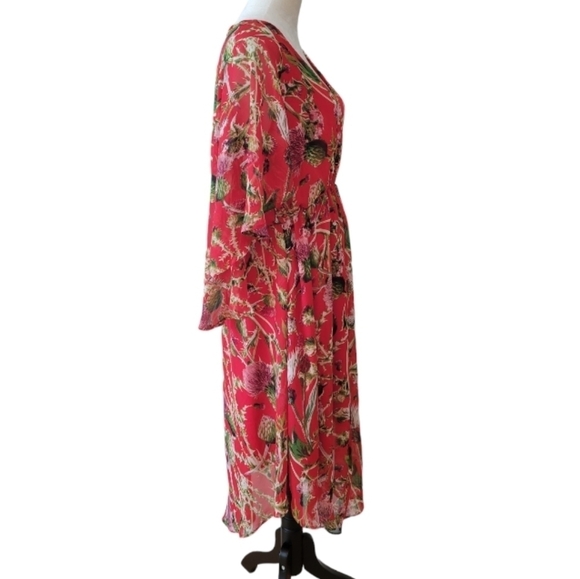 Boohoo Red Floral Print Handkerchief Hem Chiffon Dress Size 14 - Picture 3 of 5
